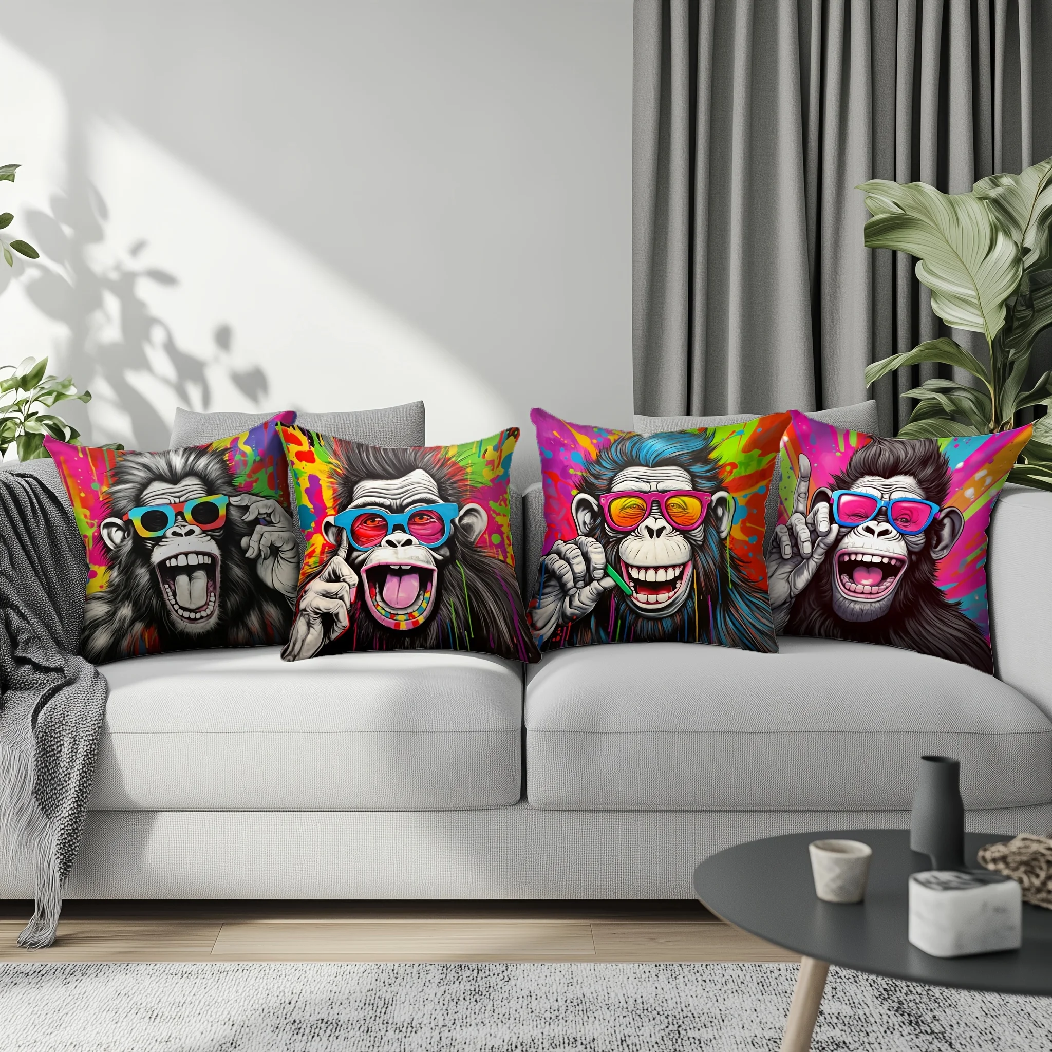 Cute Tropical Pop Art Monkey Face Print Pillow Covers Set of 4, Trendy Jungle Animal Cushion Case for Sofa Decor, Vibrant Printe