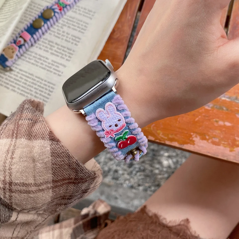 Cute Bear Rabbit Strap For Apple Watch Band 46mm 38 40 41 44 42 45 49mm Embroidery Bracelets iWatch Series 10 9 8 7 6 SE Ultra 2