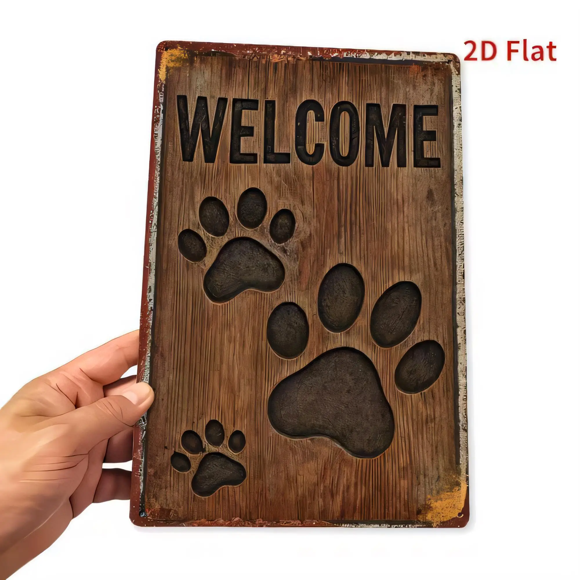 Vintage Welcome Paw Print Tin Sign, Rustic Wood Style Metal Wall Decor for Home Entryway, Dog Cat Theme  Antique Plaque Hanging