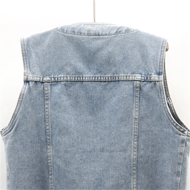 Vintage Hellblau V-ausschnitt Große Tasche Denim Weste Frauen Dünne Kurze Cowboy Weste Sommer Dünne Ärmellose Jeans Jacken Weibliche