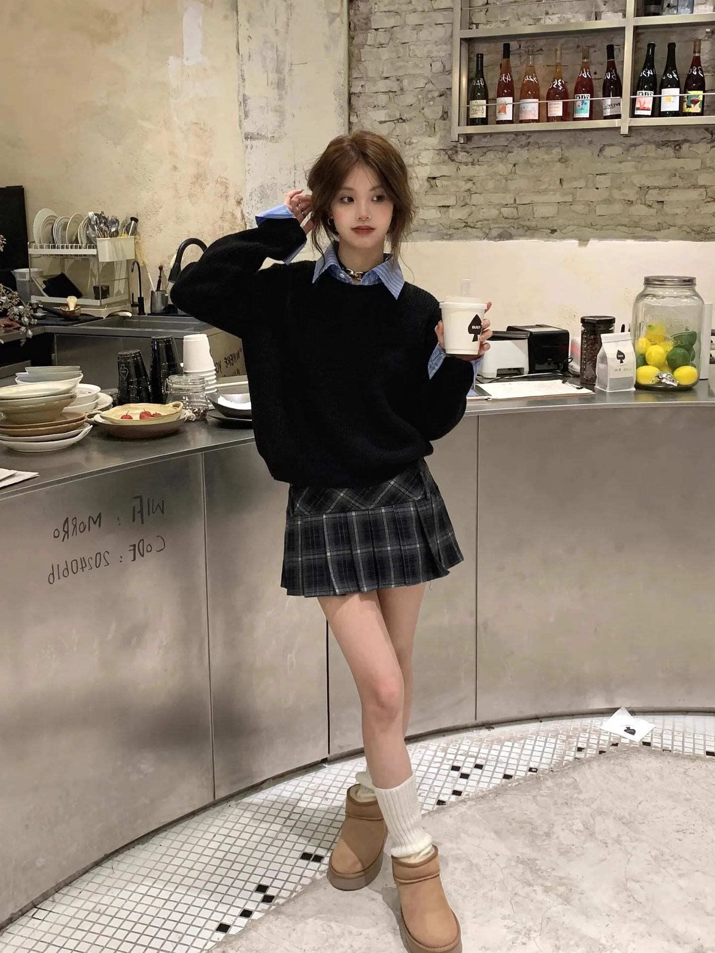 

Комплект из двух предметов: женский костюм с юбкой в клетку с высокой талией и топом с длинным рукавом из смесового хлопка, осенне-зимний, модный