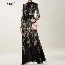 VGH Hit Color Printing Vintage Temperament Dresses For Women Stand Collar Long Sleeve High Waist Elegant Lace Dress Female Style