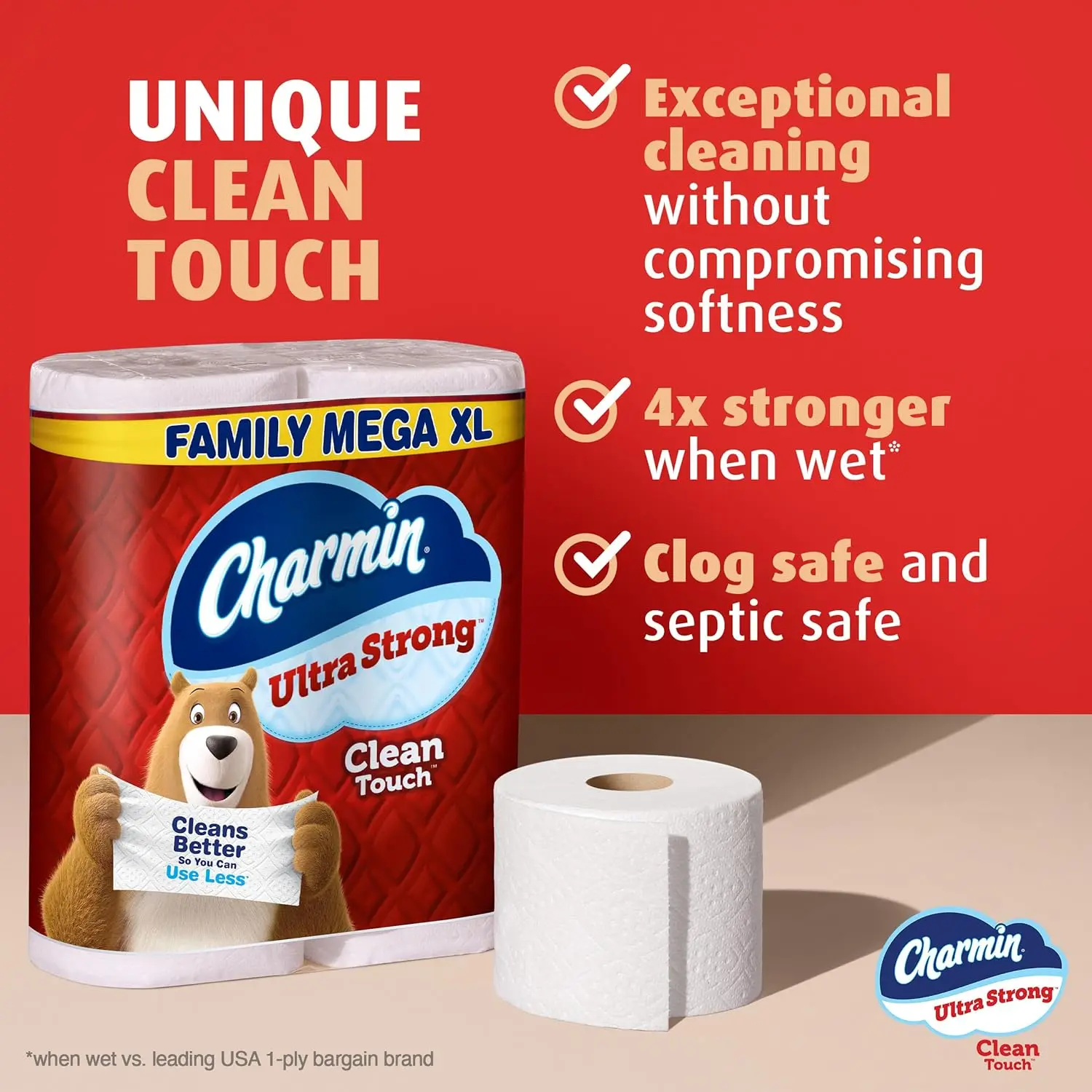 Ultra Strong Clean Touch Toilet Paper, 18 Mega XL Rolls Equals 126 Regular Rolls for Family Use view 3