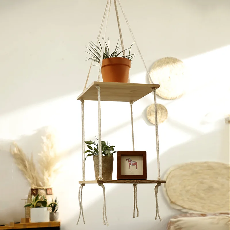 

Hanging Planters for Indoor Plants Shelf Boho Macrame Plant Hanger Wood Floating Shelves Wall Ceiling Window Home Room Decor