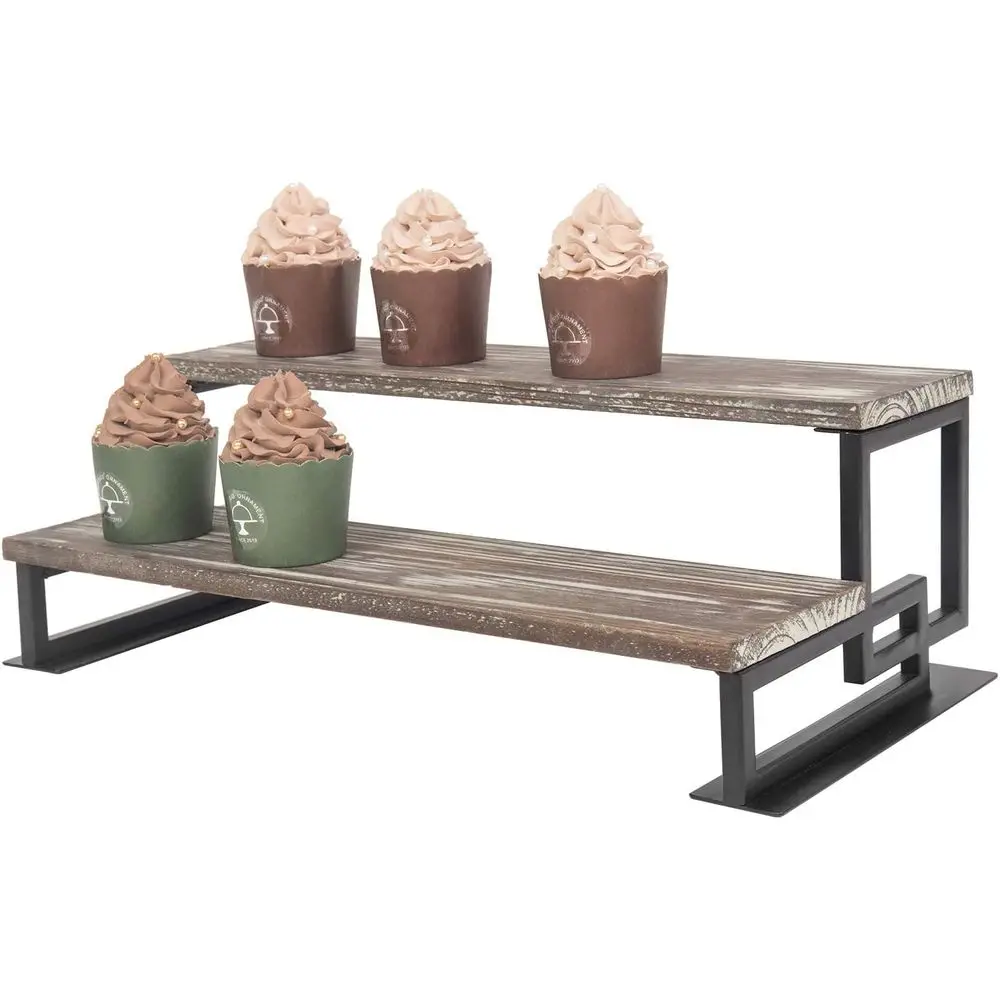 2단 토치드 우드 및 메탈 디저트 디스플레이 라이저