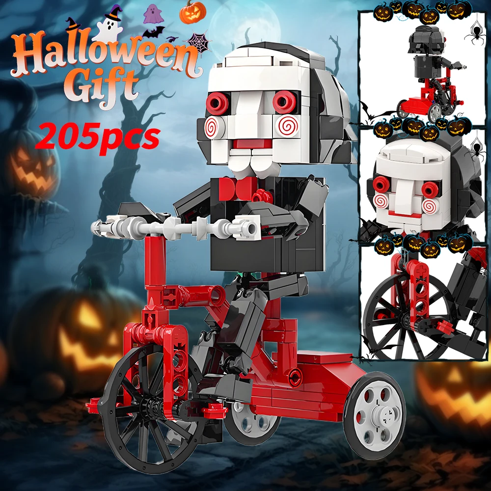 Creative horror movie character building blocks sets,Puppet Tricycle Collectible Model, Desktop Decor Ornament Toy Gift for Fans