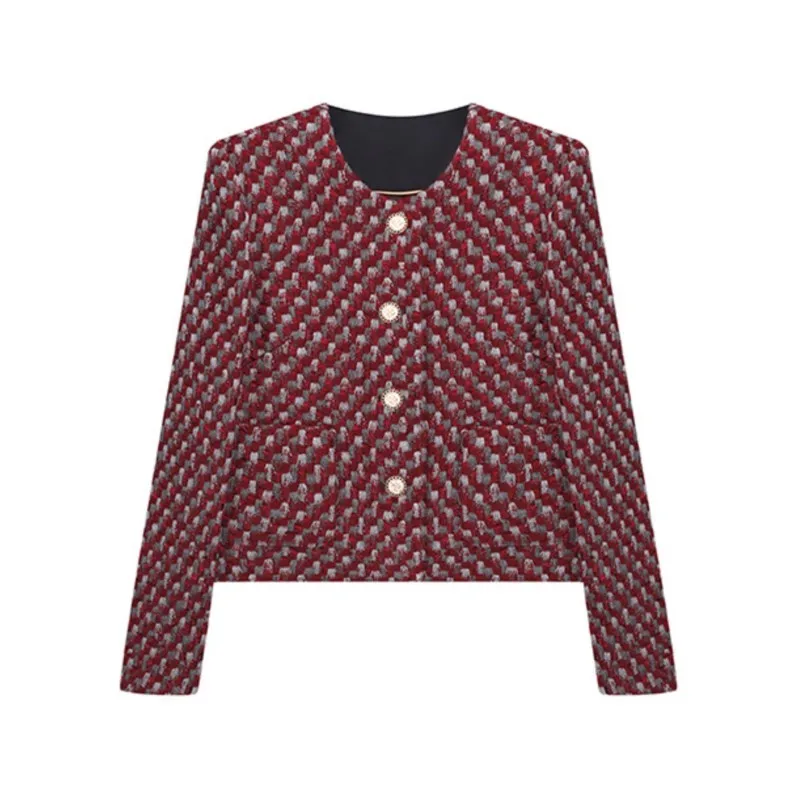 

Red little fragrance jacket Spring/fall women's tweed long-sleeved top