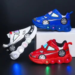 Tennis Shoes LED Children Trainer Cartoon Car Casual Sneakers for Boys Girls Mesh Breathable Kids Flats Baby Illuminated Shoes