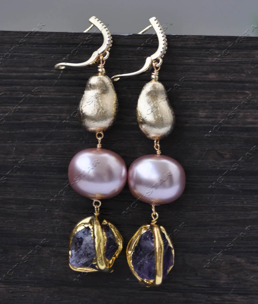 

MTC·STAR Z13283 Lavender Egg Shell Pearl Baroque Amethyst Gold-Plated Peasecod Dangle Earring Custom Jewelry