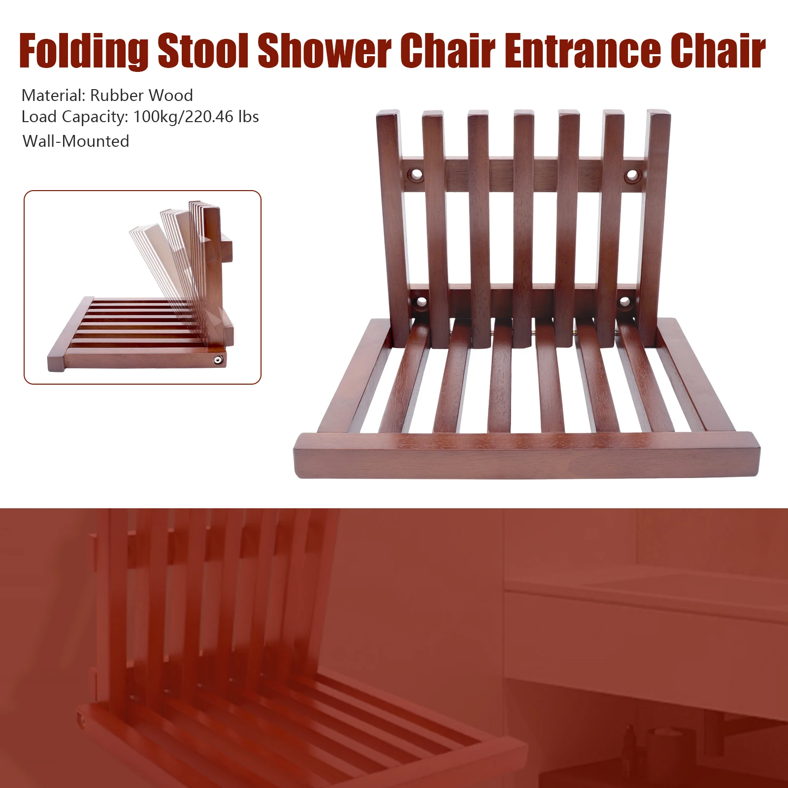 Folding Shower Seat Wall Mount Bathroom Chair Solid Wood Invisible Entryway Hallway Shoe Bench Rack Non-Slip Adults Kids 220 Lbs