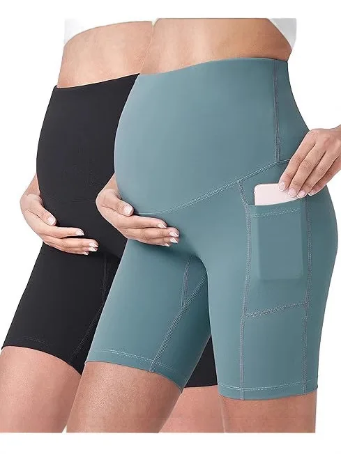 Maternity High Waist Yoga Shorts with Pockets, Belly Support Butt Lifting Workout Leggings for pregnancy Women, 5inch