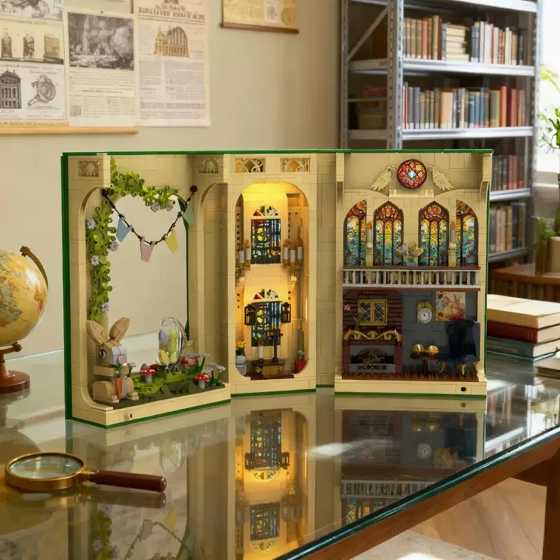 

Набор строительных блоков MOC: Пасхальная церковь, кролик, подставка для книг, складной книжный шкаф-иллюзия для спальни, игрушки, подарок на день рождения для детей