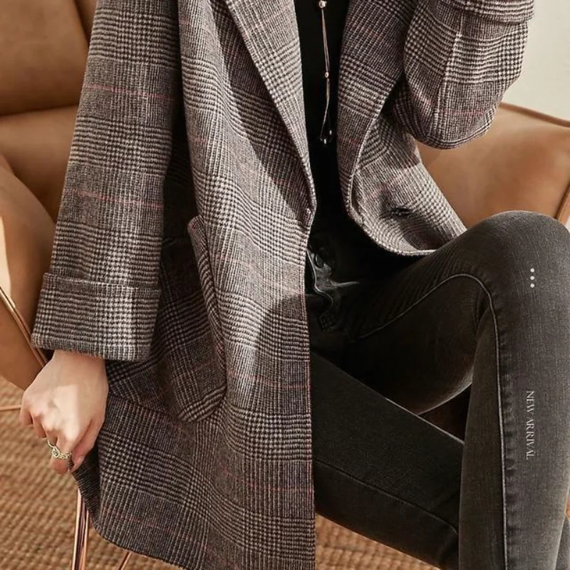

Шерстяная куртка с узором «гусиные лапки» для женщин, клетчатый костюм средней длины, шерстяное пальто