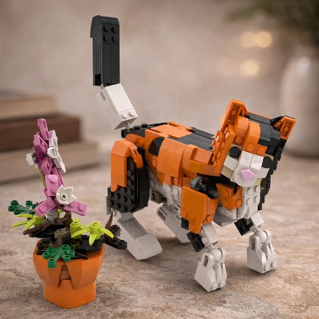 

MOC Orange Tabby Cat Building Blocks Model with Flower Pot DIY Animal Brick Kit Assembly Toy Desk Decor Gift Kids Adults