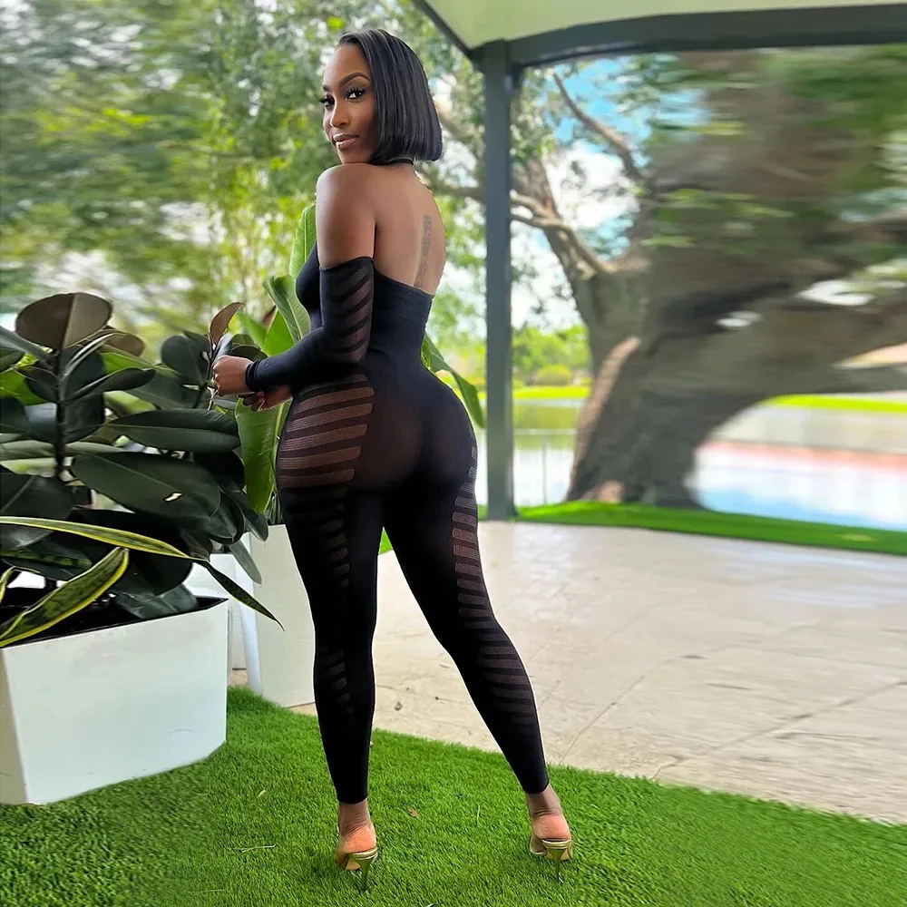 

Сетчатый комбинезон для женщин, сексуальный клуб, цельный комбинезон со стразами и глубоким V-образным вырезом на день рождения, большой наряд с бутылкой плаката, большие размеры на выход