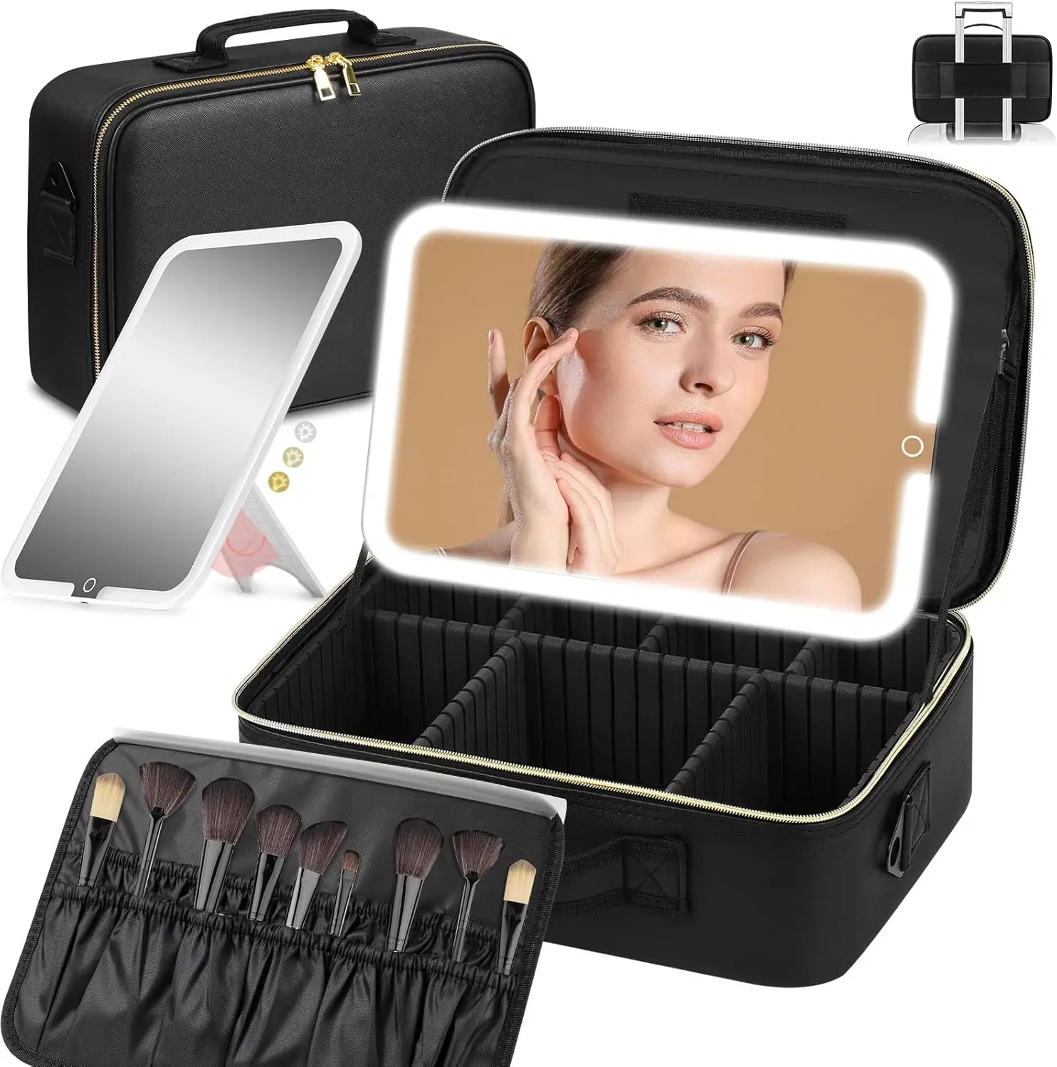 

Large Travel Makeup Bag with LED Mirror, Adjustable Dividers and Brush Holder, Waterproof PU Leather, Black