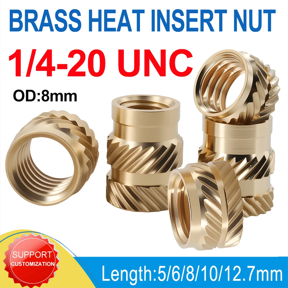 1/4-20 UNC Brass Heat Insert Nut Double Twilled Knurled Injection Molding Embedment Inserts Hot Melt 3D Printing Inserts Nuts