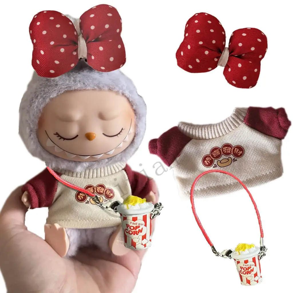 For 15-17Cm labubu baby clothes polka dot outfit cartoon New year sweater bow set Dolls Accessories Cute Decoration Little Cloth