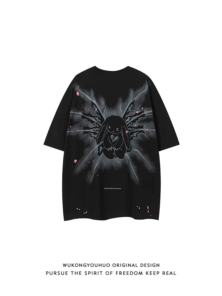 

American Dark Gothic Punk Rabbit Printed Short Sleeve T-shirt For Men's Summer Loose Couple Women Cotton Half Sleeve Tshirts