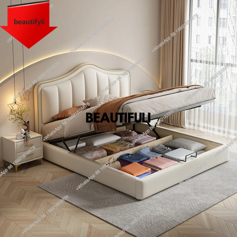 

A57 Beige Waterproof Double Bed Frame Princess Large Floor Modern Double Bed Full Size Platform Camas De Casal Furniture Home