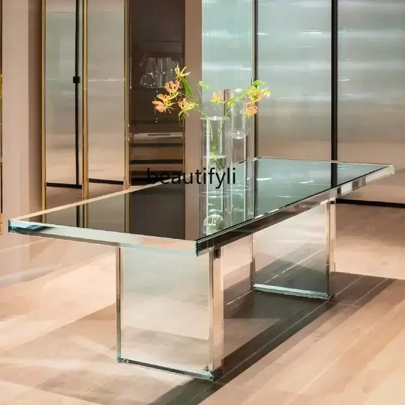 Italian transparent glass dining table Modern minimalist high-end family living room Villa, rectangular conference table
