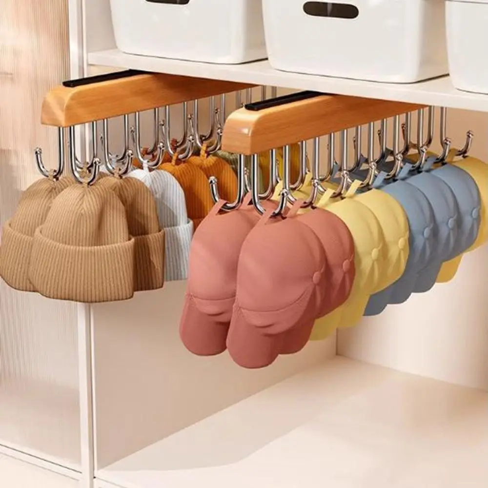 

Wood Retractable Clothes Drying Rack Pull Out Large Capacity Underwear Storage Hanger Space Saving Wall Mounted Double-Row Hook