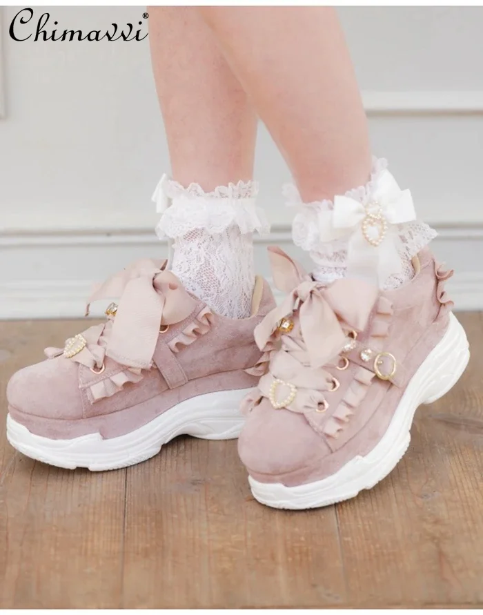 Japanese Ins Pearl Rhinestone Sweet Lolita Platform Sports Shoes Women's Girly Style Bow Pumps Elegant Ladies Shoes All-match