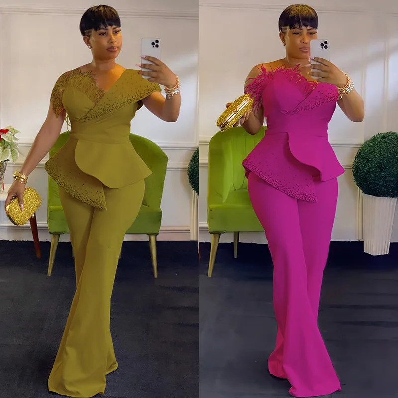 

Women's Casual High Waist Wide Leg Jumpsuit oulder Bared rican Large Size Independent Station Cross Border 3736