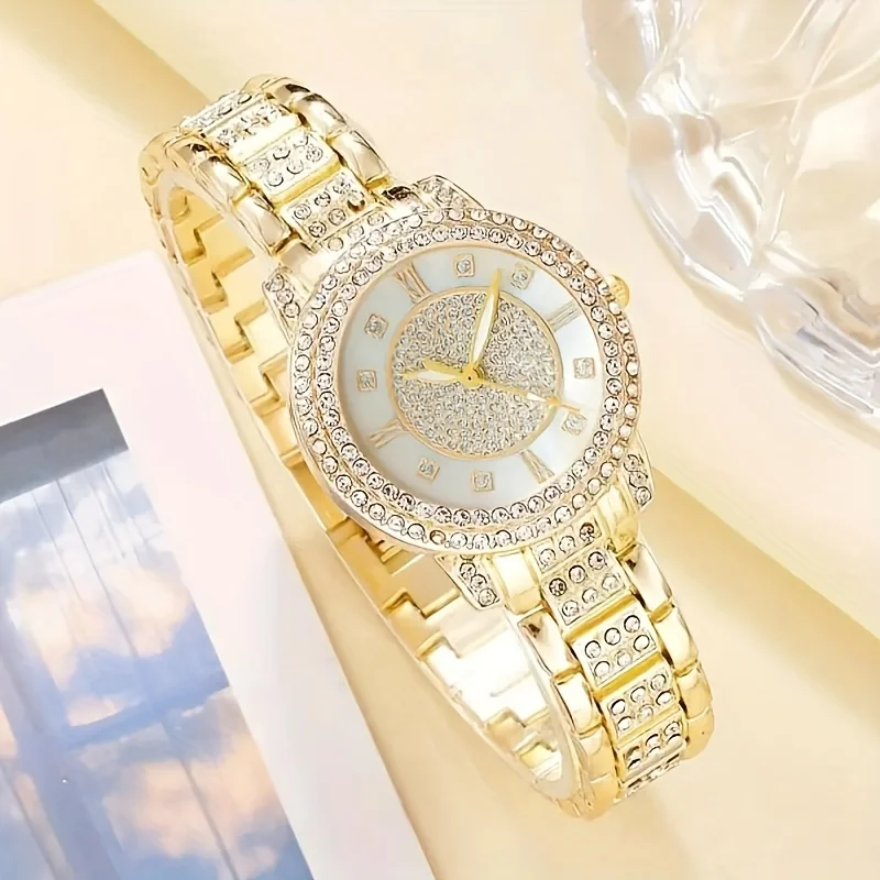 6pcs/set Glamorous Luxury Rhinestone Womens Watch with Quartz Movement - Stainless Steel Analog Wrist Watches