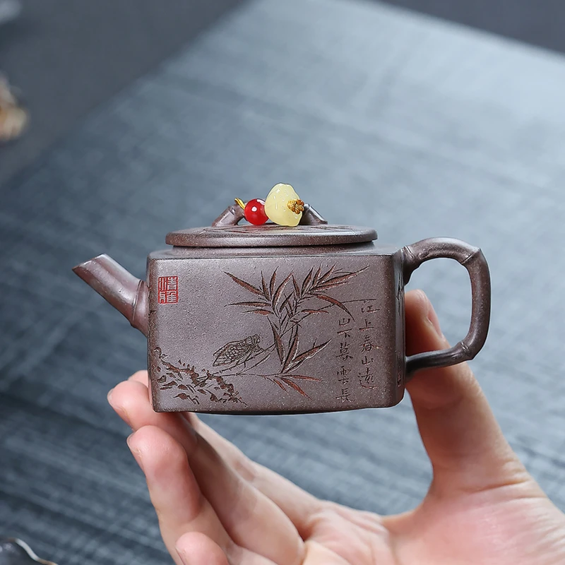 100ml Chinese Yixing Purple Clay Teapot Handmade Bamboo Leaf Square Shape Tea Pot Beauty Tea Infuser Kettle Zisha Tea Set