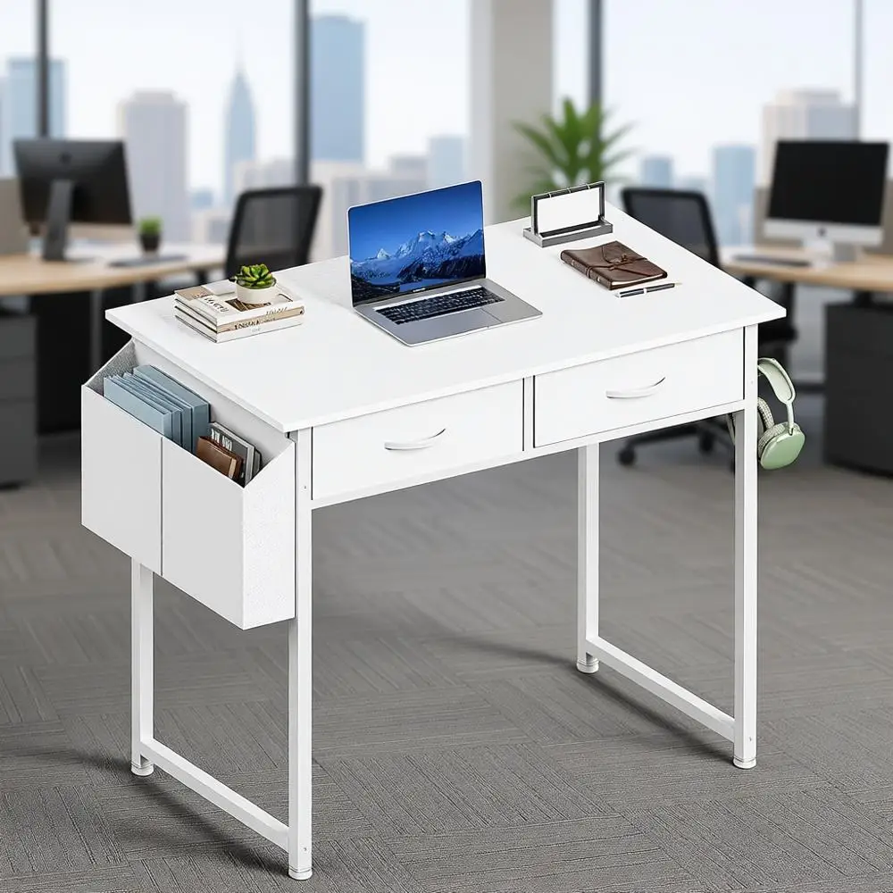 

Small 32 Inch Home Office Writing Study PC Table with Fabric Storage Drawers Space Side Bag Peg Hook Metal Adjustable Feet Simpl
