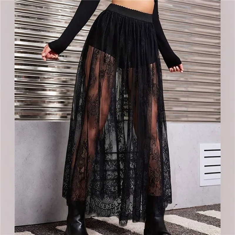 

AG-Rave Outfits For Women Sheer Skirt Festival Clubwear Mesh High Waist A Line Maxi Skirt