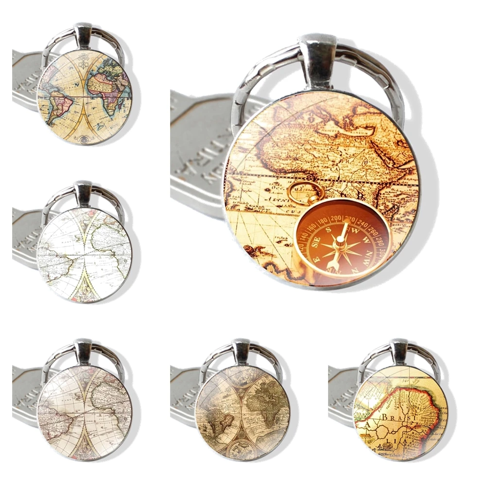 Keychain Handmade Glass Cabochon Key Ring Holder Pendant Key Chains Vintage Old World Map