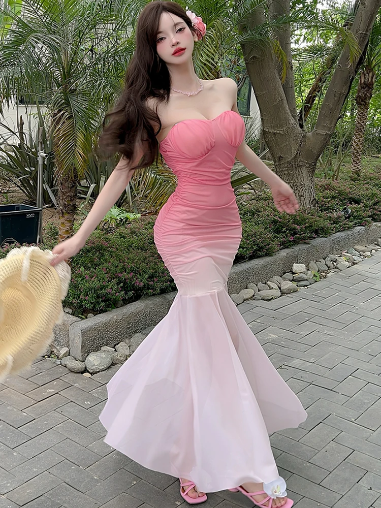 Zomer roze gradiënt mesh chique borstverpakking sexy lange jurk vrouwen geplooide bodycon dansfeestjurk 2025, Koreaanse elegante jurk