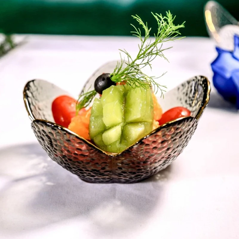New Small Glass Dish Nodic For Ice Cream Fruit Sala Gold Inlay Sauce Bowl Cherry Blossoms Seasoning Plate Kitchen Supplies