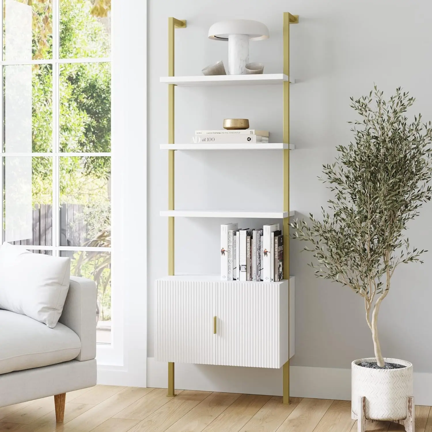 Mid-Century Modern Bookcase with Cabinet Fluted Texture, White Open Shelves and Brass Metal Frame Living Room