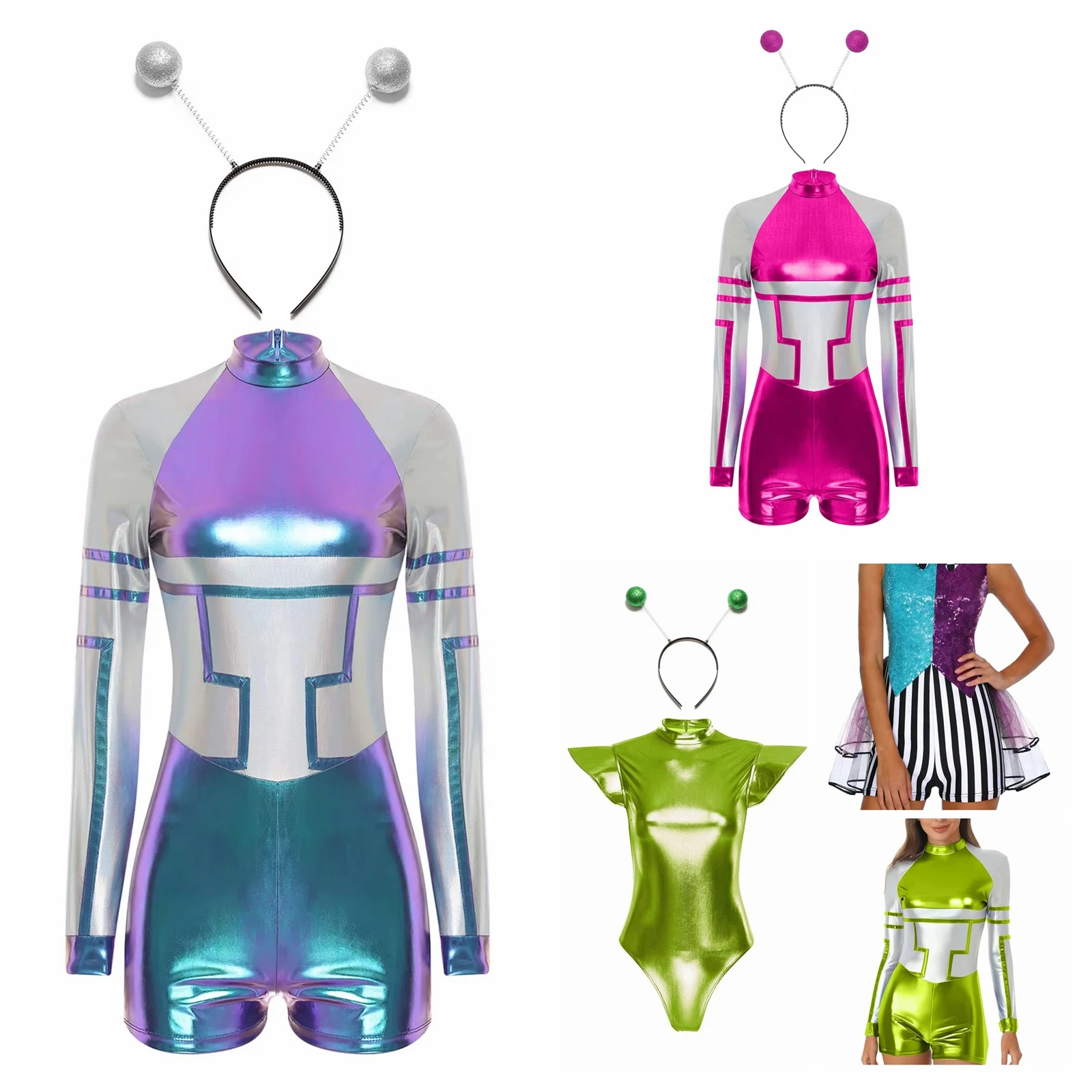 Womens Shiny Color Block Alien Costume Robot Astronaut Jumpsuit Outer Space Metallic Rompers for Halloween Party Fancy Dress
