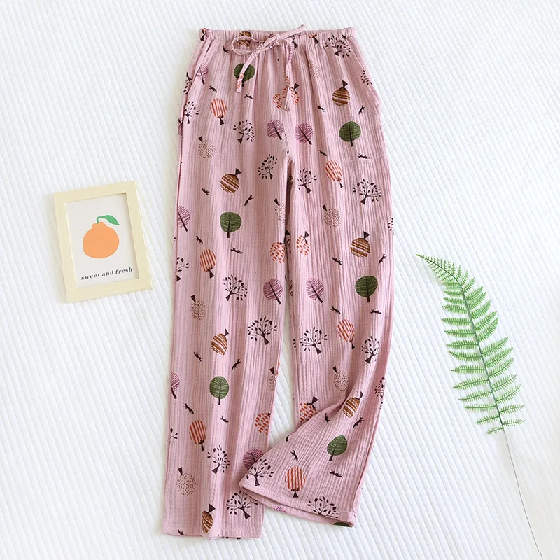 Pantalones de pijama de algodón crepé para mujer, ropa de dormir de gasa de doble capa, ropa de casa, primavera y otoño