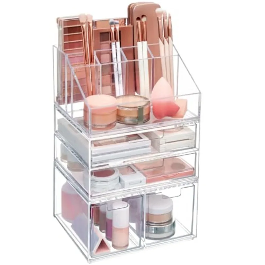 

Chloe Stackable Clear Makeup Holder and Tall and Wide Drawer Bundle Organize Cosmetics and Beauty Supplies Made in USA