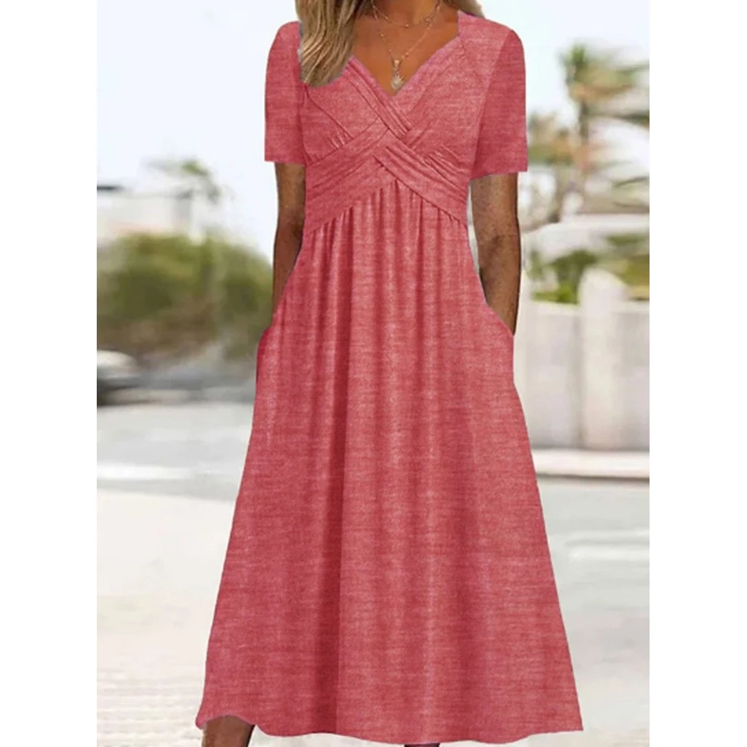 Spring 2026 Women's Cross V-neck Short Sleeve Dress Pure Color Pocket Design High Waist European Style Casual Fashion Dress