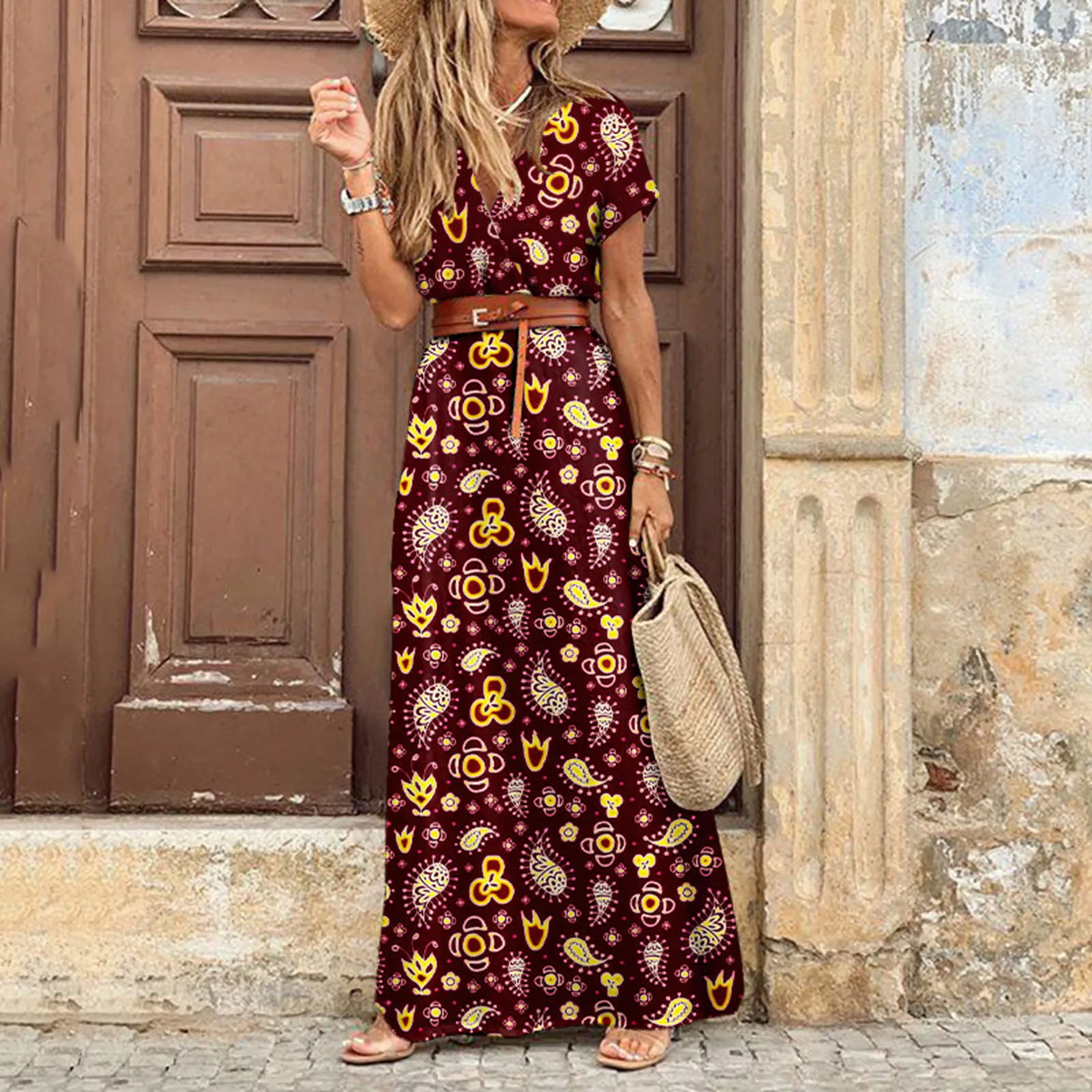 

Women’s Bohemian Maxi Dress Short Sleeve Fashion Floral Printed vestidos With Belt Casual Versatile Elegant V-neck Dress