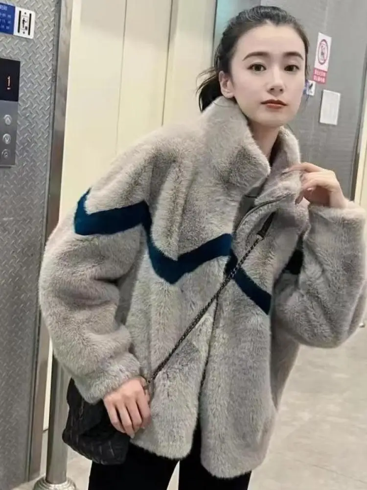 

Зимнее корейское модное новое женское серое лоскутное пальто с длинными рукавами и воротником-стойкой, короткая бархатная норковая куртка на молнии, повседневная праздничная куртка