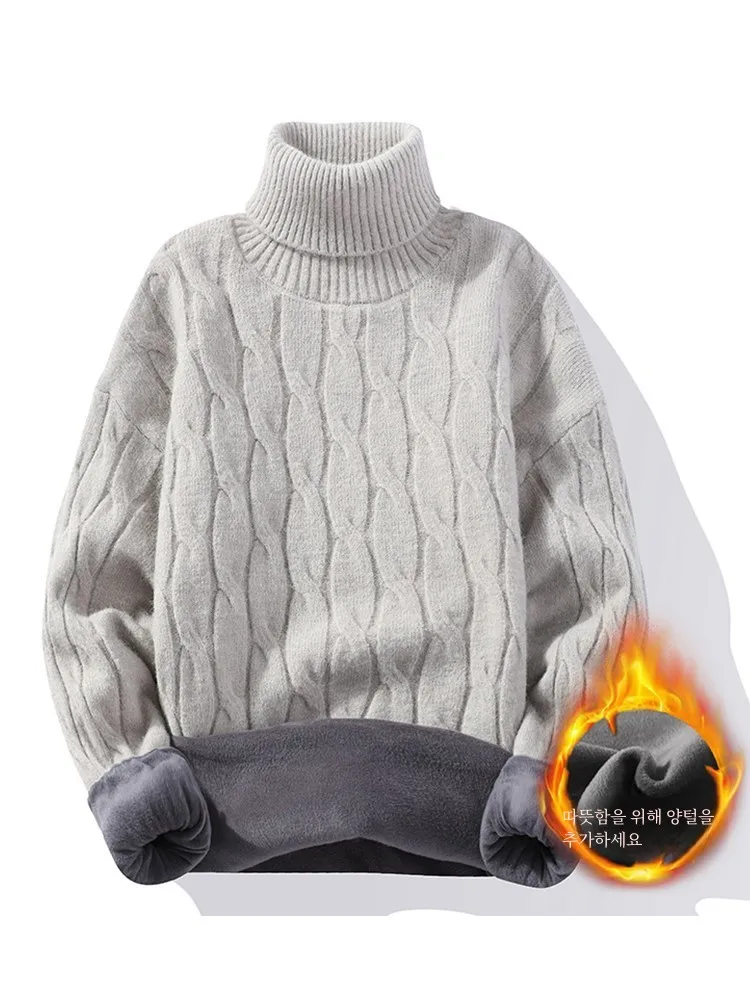 Winter Solid Fleece-lined Thickened Slim fit Knit Long Collar Sweater Can Be Turned Turtleneck sweater Men's Cotton Knitwear ...