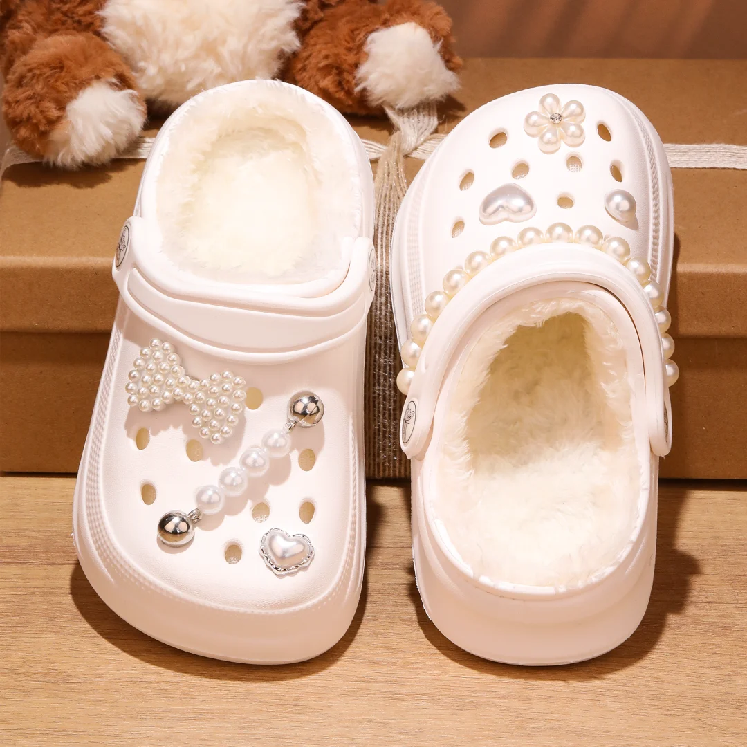 Kids Fur Lined Clogs and Mules, Lightweight Cotton Lined Garden Shoes, Winter Warm House Slippers for Boys Girls Toddler 168