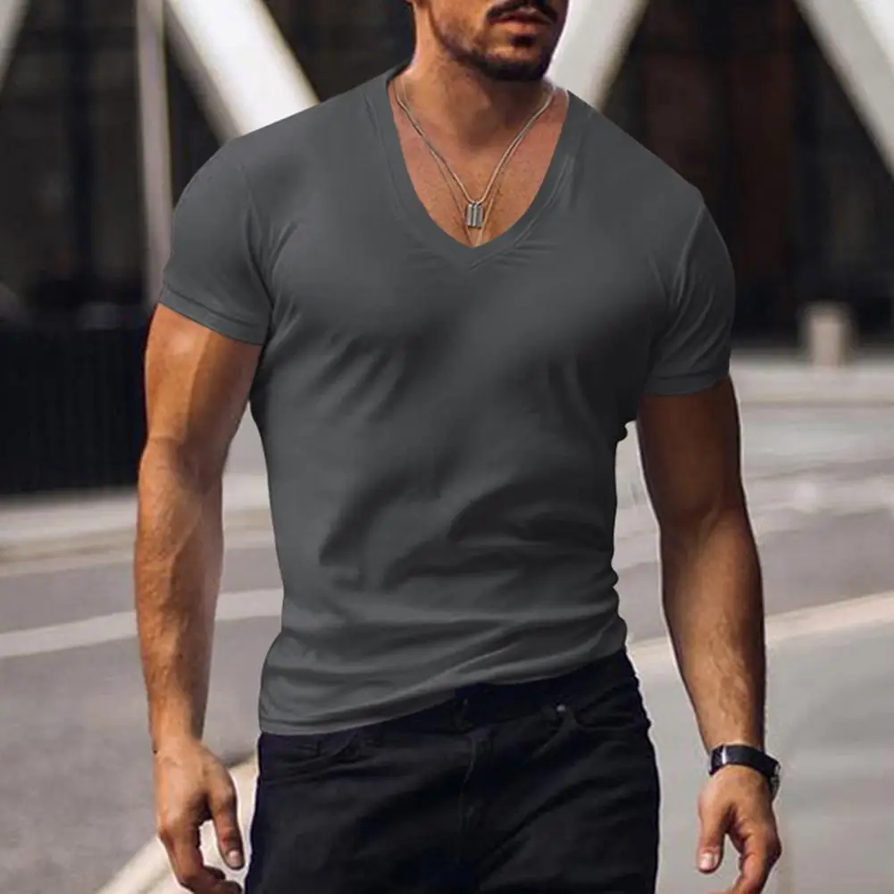 Men T-shirt V-neck Solid Color Sweat Absorption Pullover Top Breathable Dress-up Bodybuilding Shirt Slim Fit Summer Shirt Top