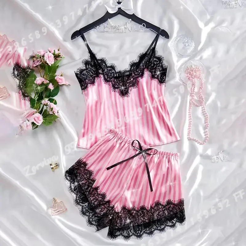 Women Summer Thin Pajama Set Pink White Stripes Soft Smooth Fabric Sleepwear Comfortable Lounge Wear Two Piece Night Suit