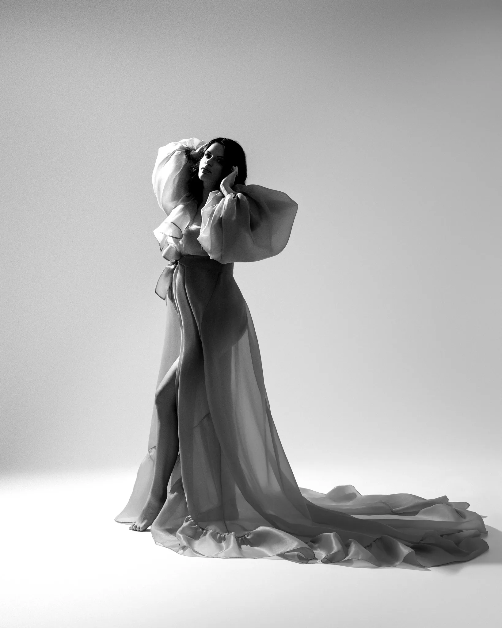 ชุดเดรสคลุมท้องออร์แกนซ่าสีฟ้าไหล่แขนพัฟชุดคลุมท้องโปร่งใส платье для беременных