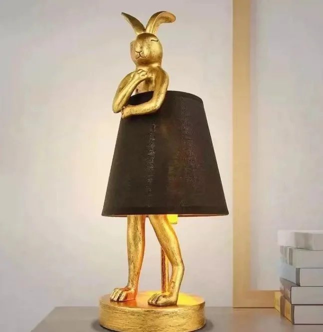 Retro Resin Table Lamp Gold Silver Masked rabbit Lamp For Bedroom E27 Cute Bedside LampHome Kids Room fabric Night Light Decor