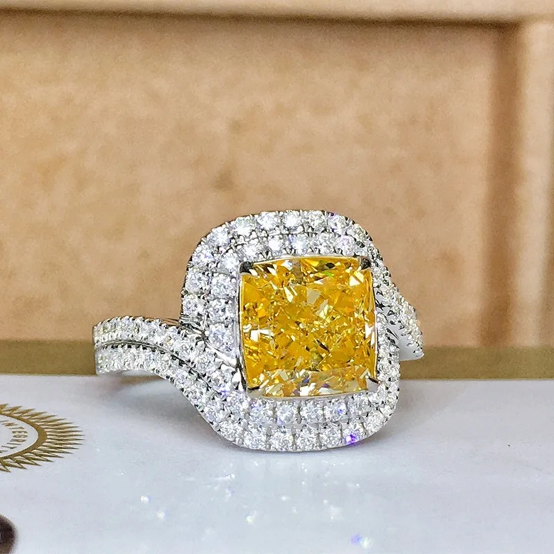 Geometric Yellow Zircon Princess Square New Full-Diamond Attractive Ladies 925 Sterling Silver Engagement Ring - Premium Jewelry