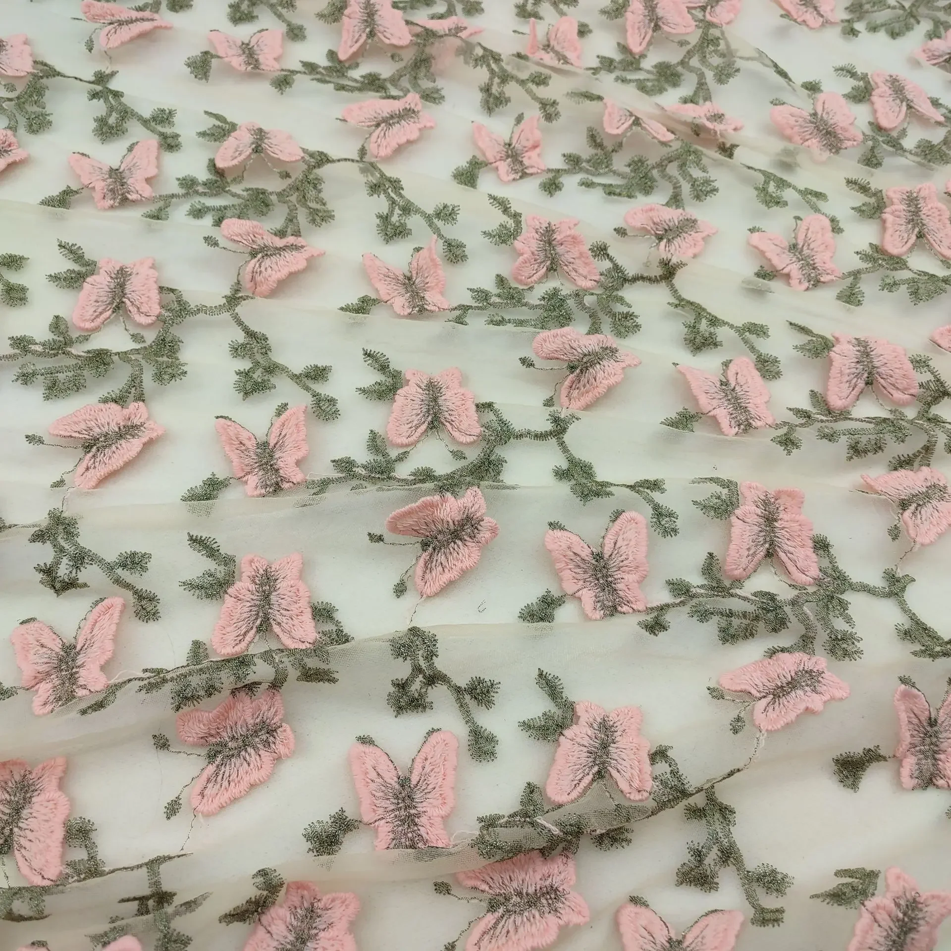 Elegant 3D Pink Butterfly Floral Mesh Embroidery Lace Fabric for Wedding Dress, Women's Clothing, Curtains, DIY Sewing Fabric